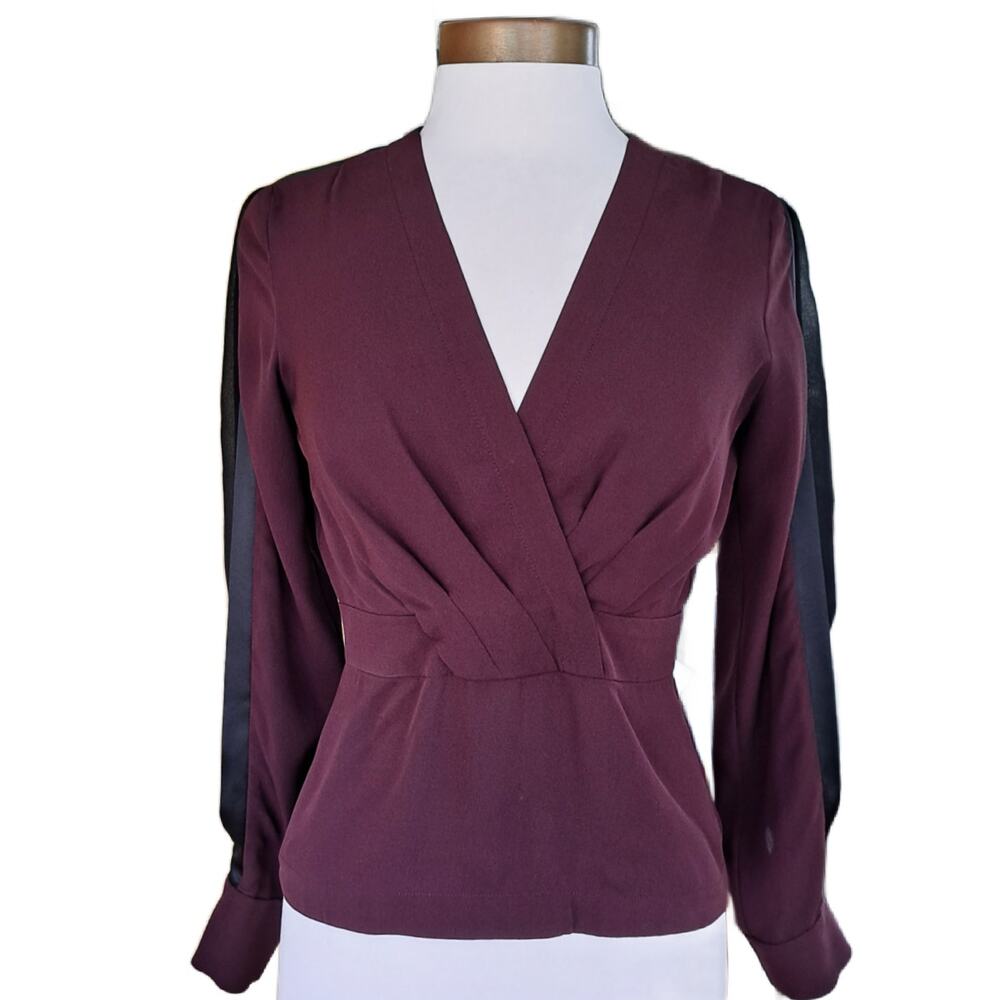 Yigal Azrouel V-neck Silk Blouse Size 0 Merlot Long Sleeve Black Contrast